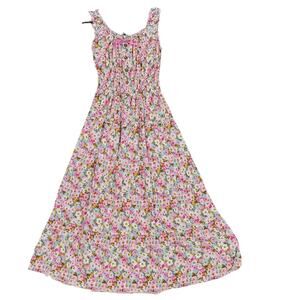 Ostoo Floral Maxi Dress Pink Tiered Smocked Waist Ribbon Button Cottage M